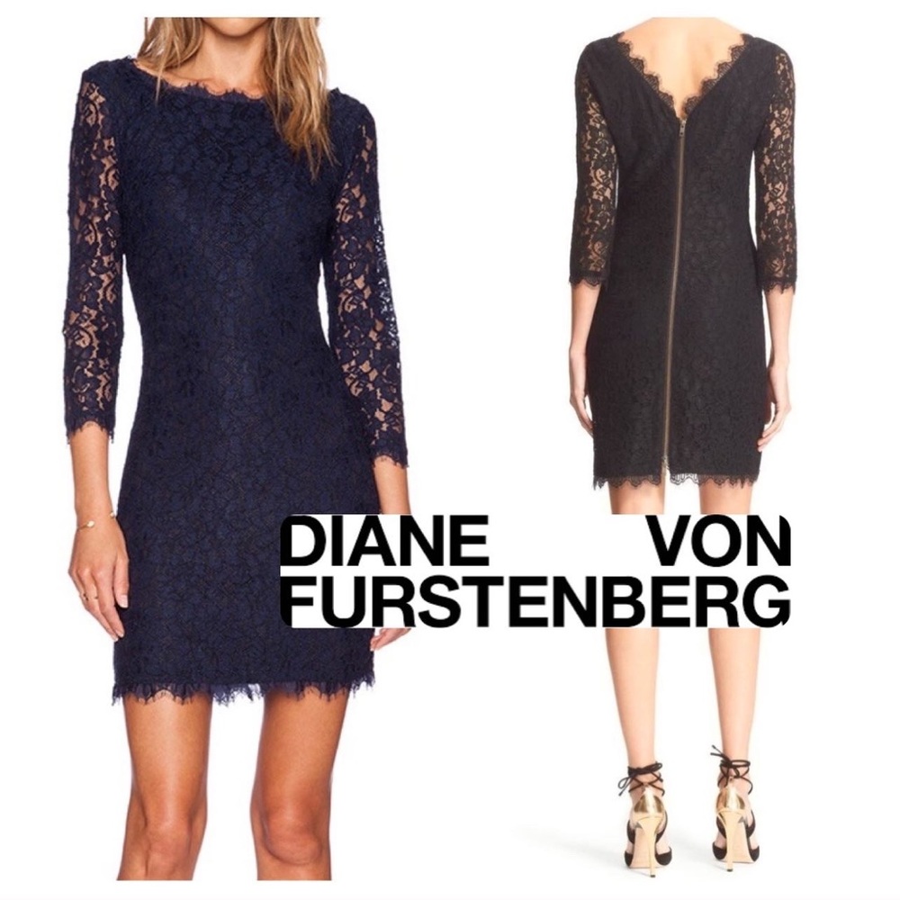 Diane Von Furstenberg Zarita Navy Scoop-Neck Short Lace Dress Size 2